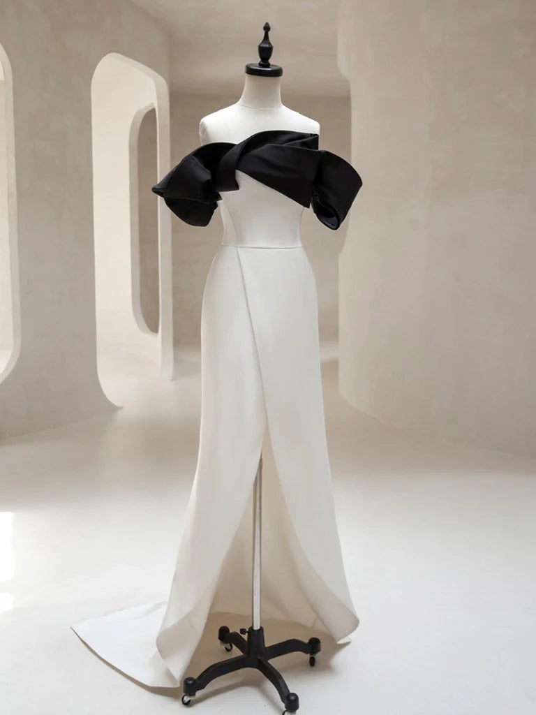 Wholesale Simple Off Shoulder Satin Black/White Long Prom Dress gowns evening dresses